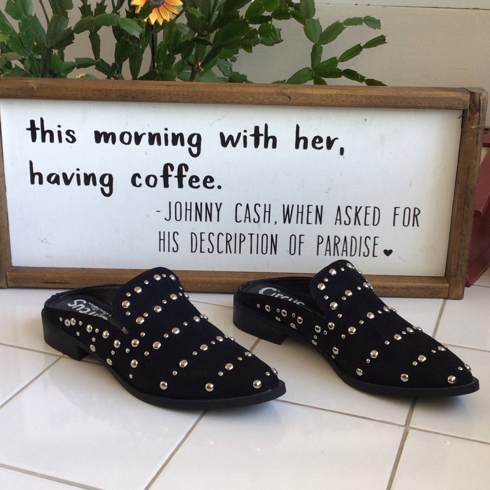 ‘Circus’ Lucielle Black Fabric Studded Low Heel Mules